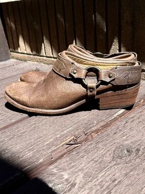 Frye vintage Carson buckle mule western boots